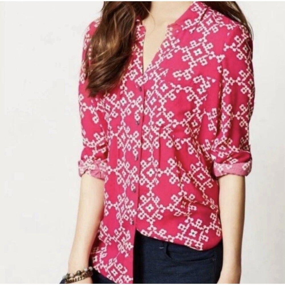Maeve Anthropologie Womens Size 4 Pink Floral Geo Printed Button Down Blouse
